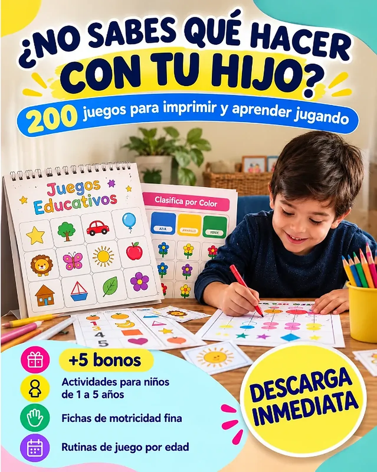 Portada del kit: niño dibujando sobre una ficha junto a las páginas imprimibles, el bloque de más de 5 bonos y el sello de descarga inmediata